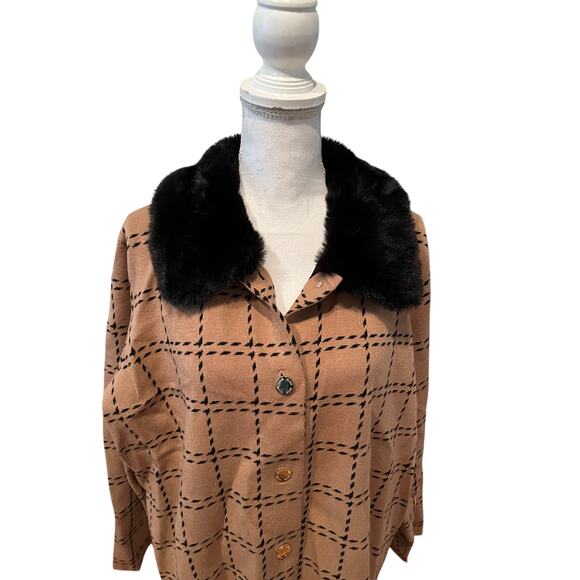 Ann Klein Knit Sweater Coat Faux Fur Collar Tan Window pane Check Print - Picture 2 of 7